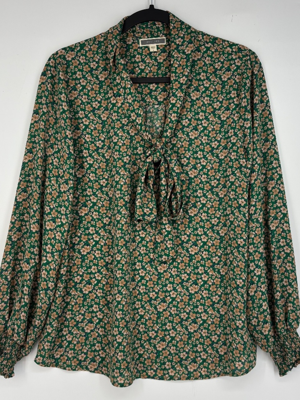 Pleione Womens Large Pullover Blosue Green Peach Floral Long Sleeve Tie Bow Neck